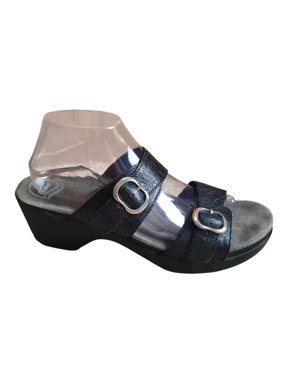Dansko Sophie Embossed Black Leather Comfort Wedge Heel Slip-on Sandals Size 42